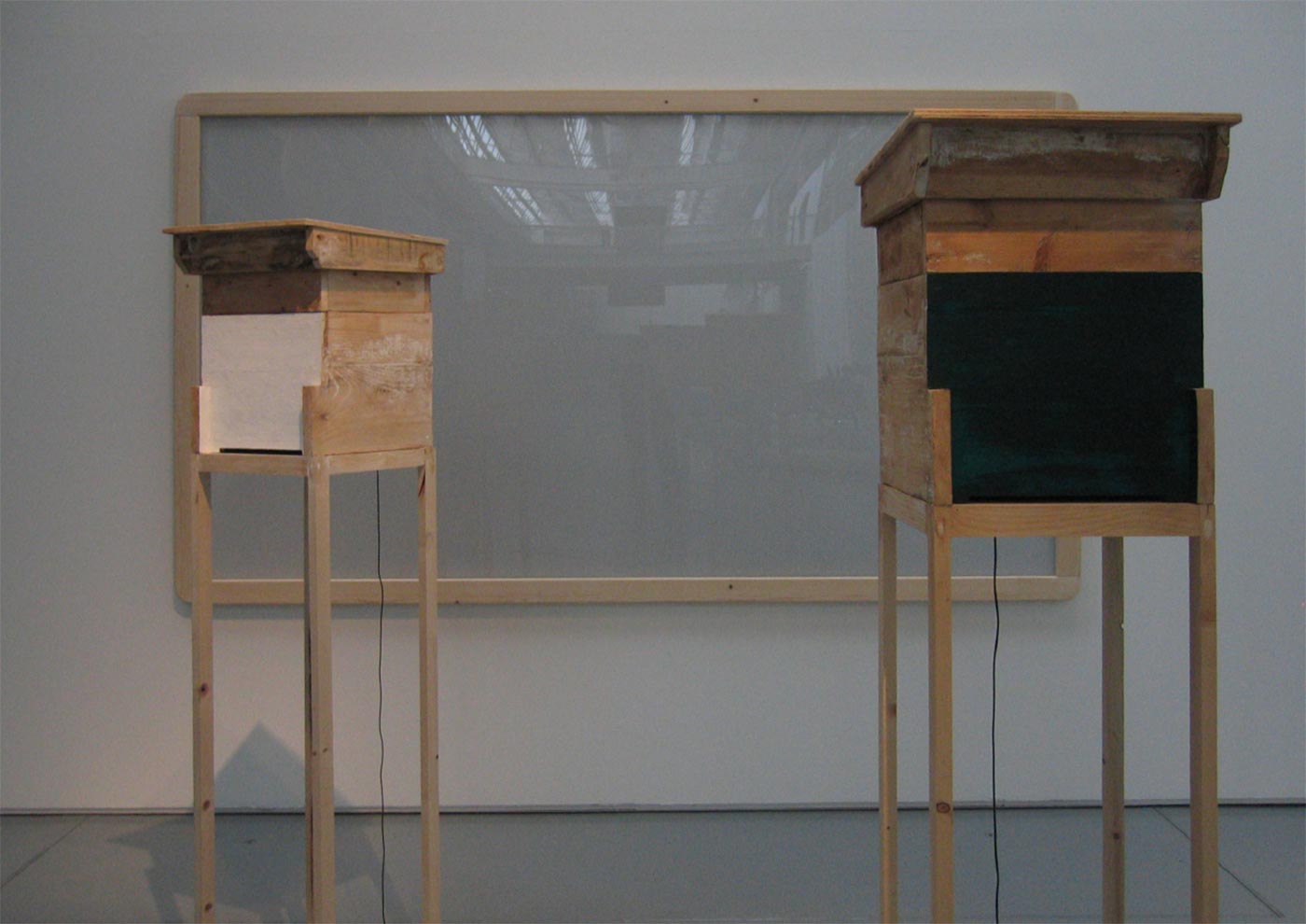 wood, sound equipment, drawings, natural pigments. 2008 Installation view Fondazione Pomodoro, Milano