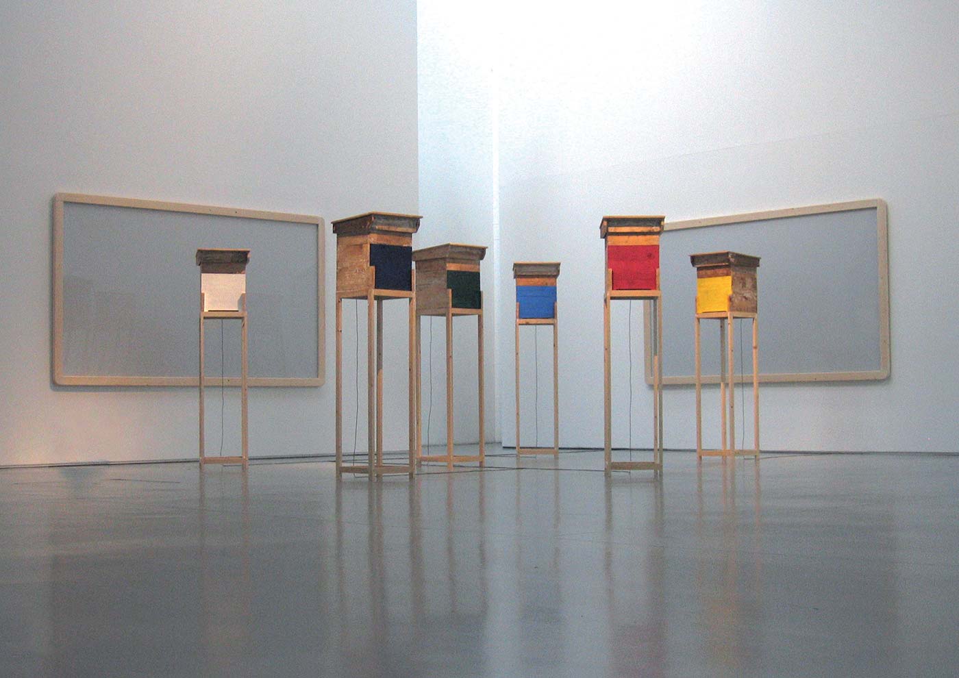 wood, sound equipment, drawings, natural pigments. 2008 Installation view Fondazione Pomodoro, Milano