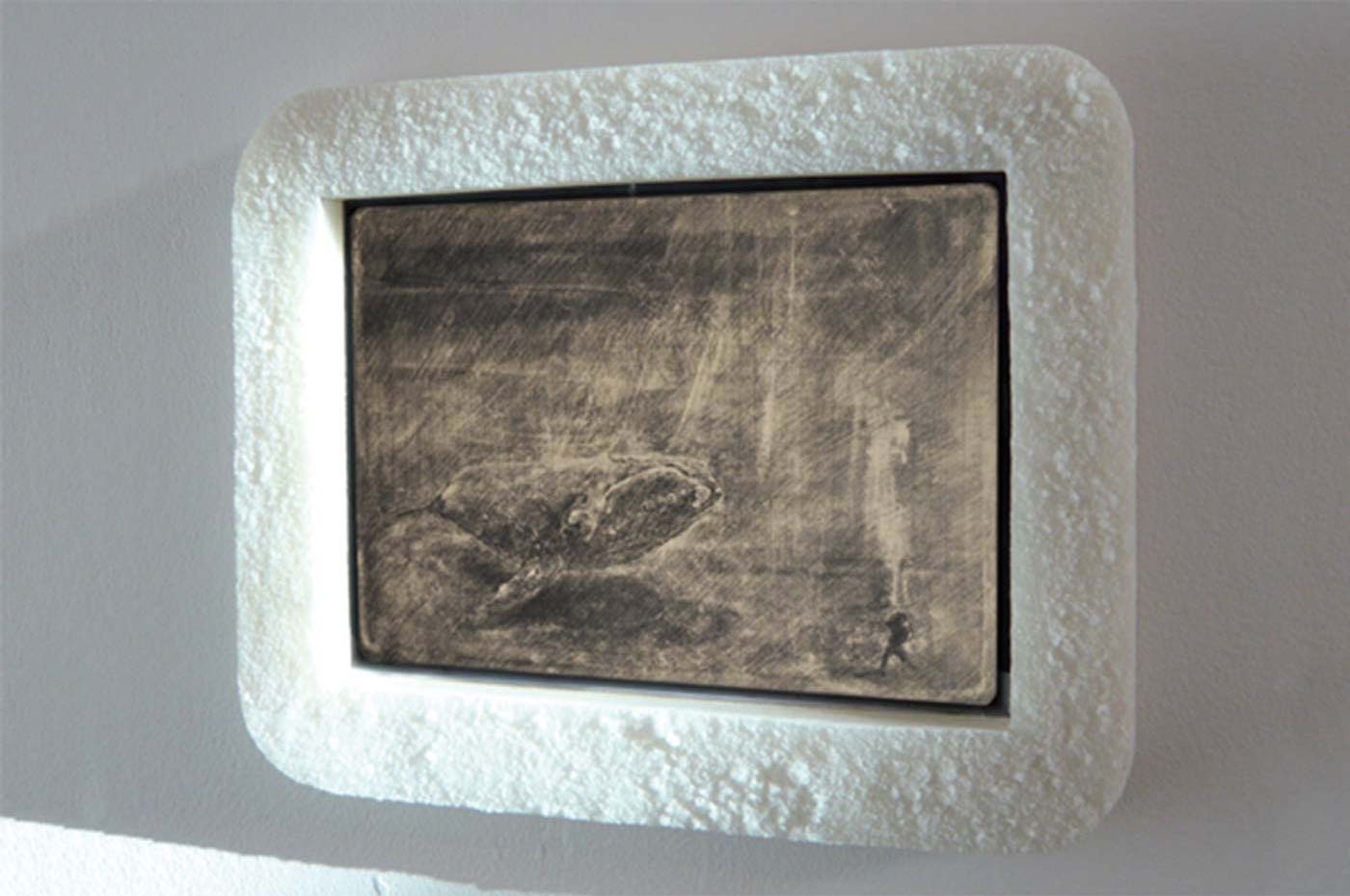 electricity, slide projector, mirrors, drawing on acetate, chemical compounds, frame in sea salt. 2011